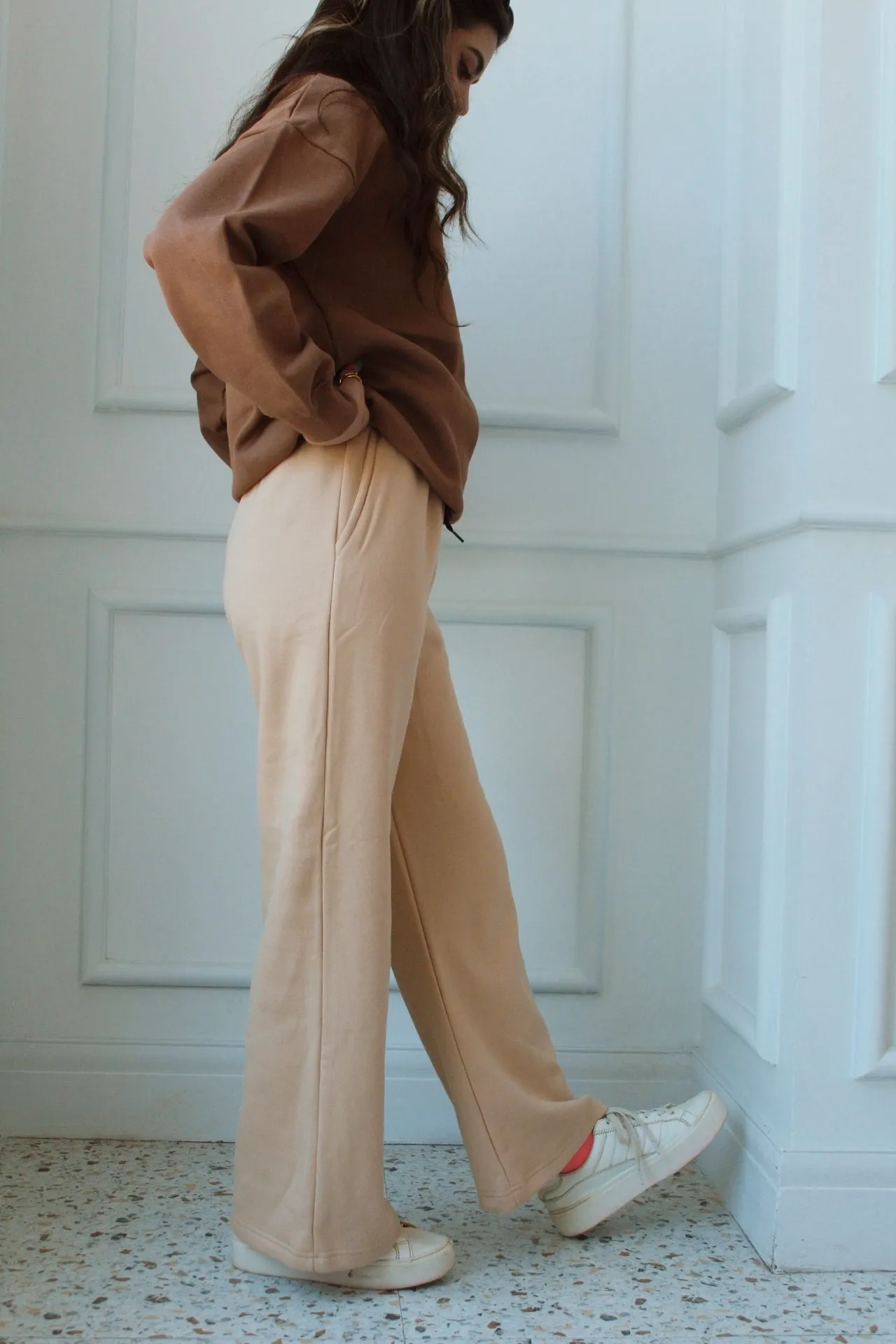 Beige Wide-Leg Fleece Trousers