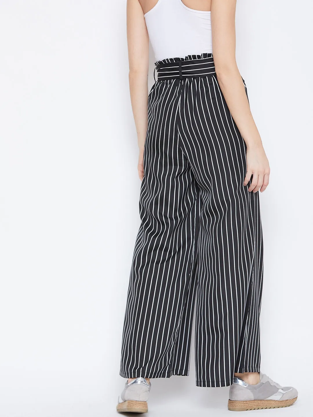 Berrylush Women Black & White Striped Pattern Waist Tie-Up Mid-Rise Trousers