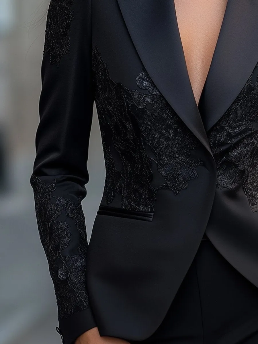 Black Satin Lace Pattern Embroidery Blazer