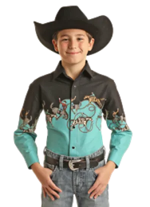 Boy's Panhandle Cowboy Border Print Long Sleeve Snap Shirt