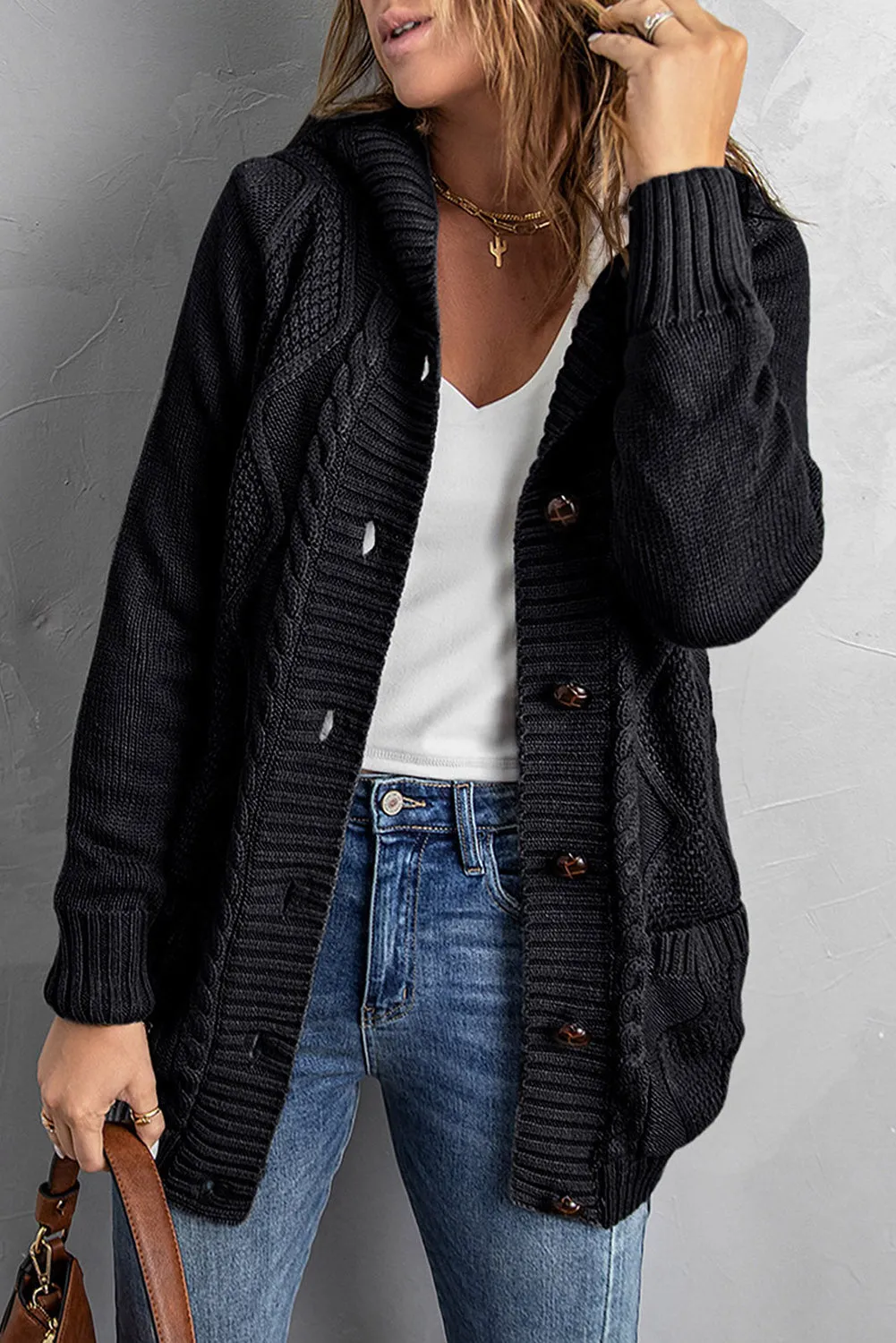 Buttoned Hooded Open Front Knitted Sweater