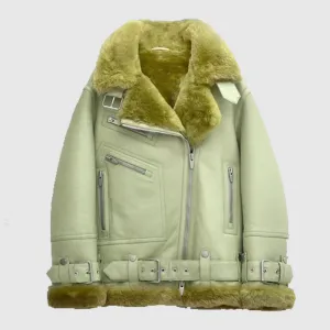 Buy New Women Style Light Green Aviator Styled Sheepskin Shearling Leather Jacket