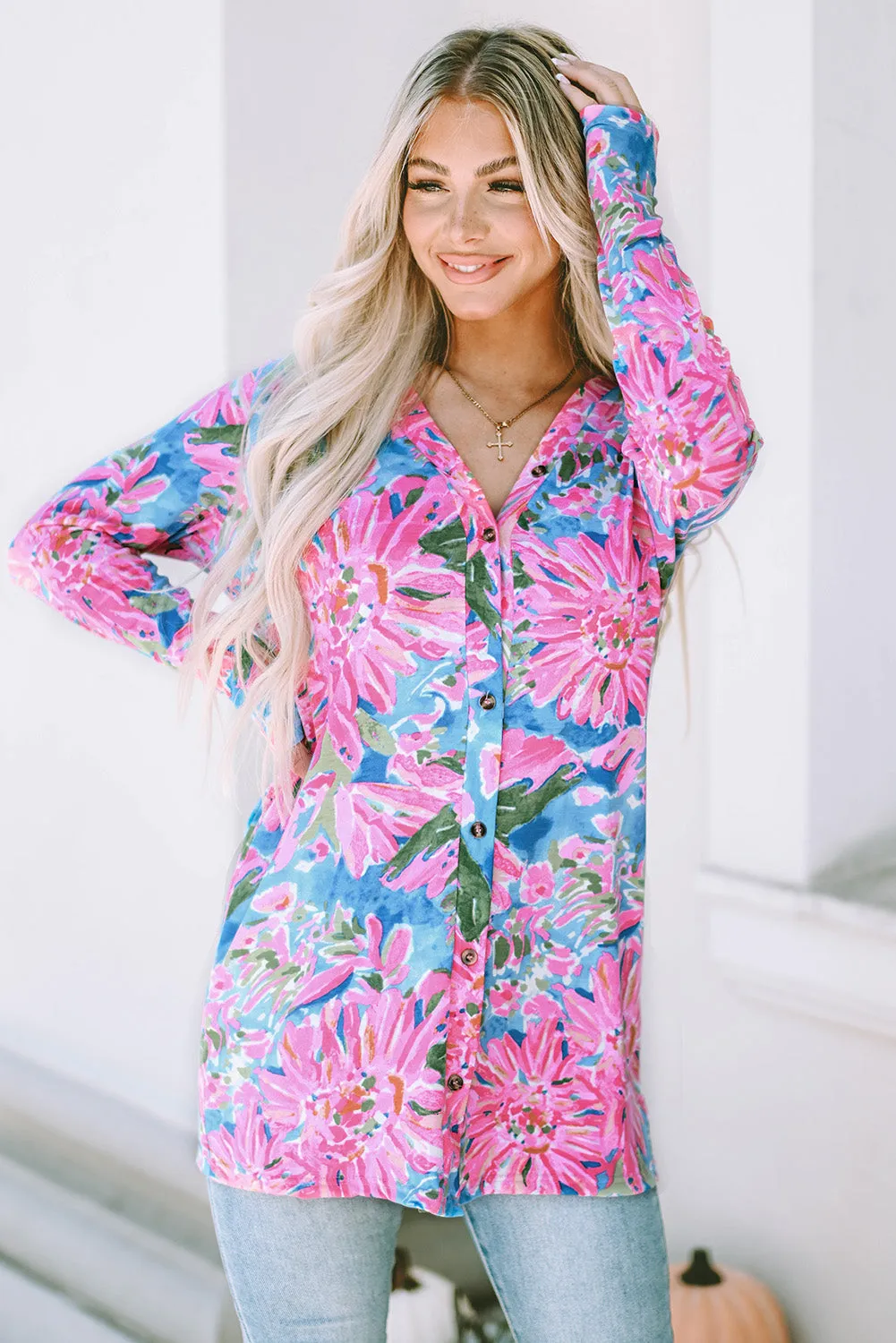 Flower Long Sleeve Button Up Cardigan