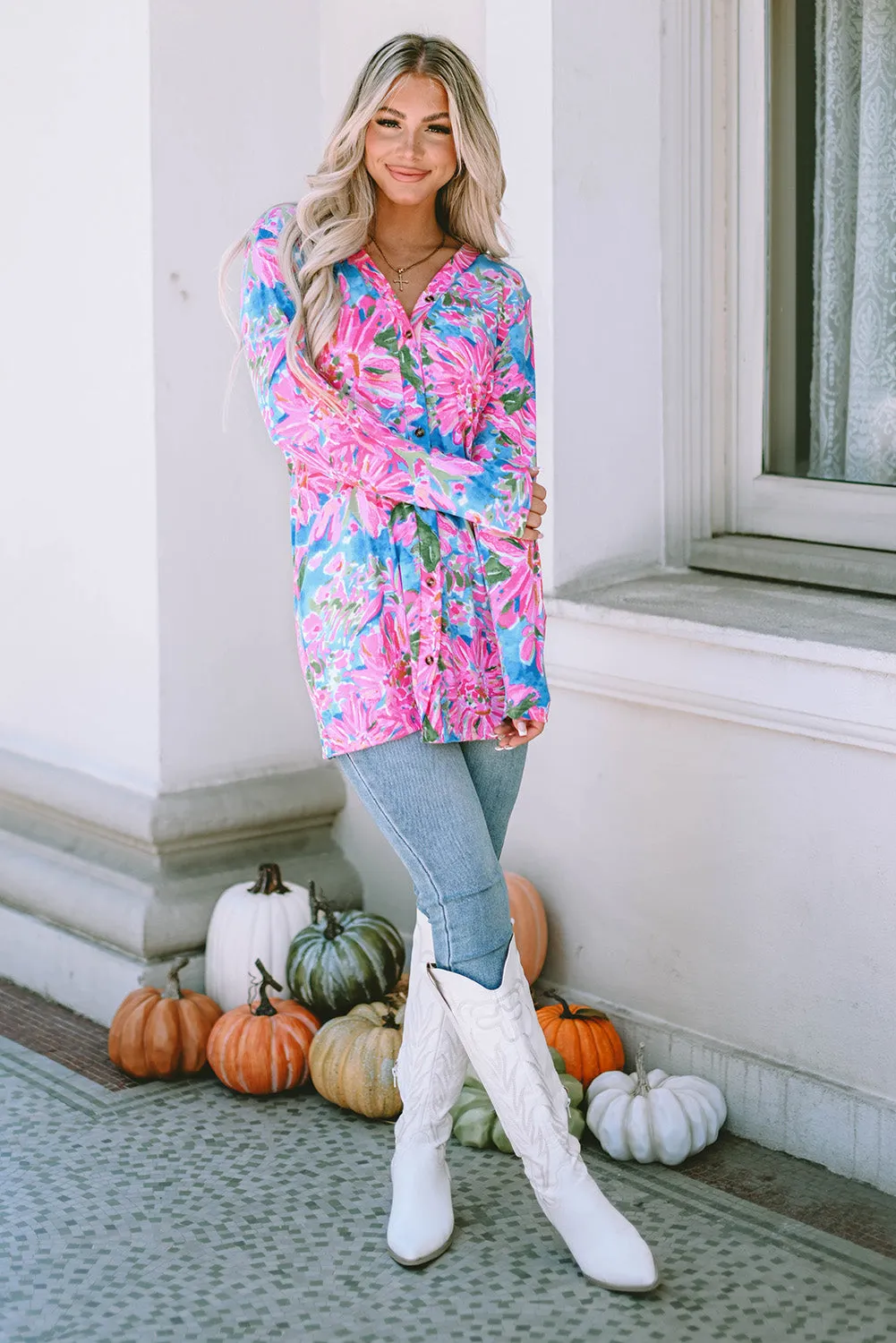 Flower Long Sleeve Button Up Cardigan