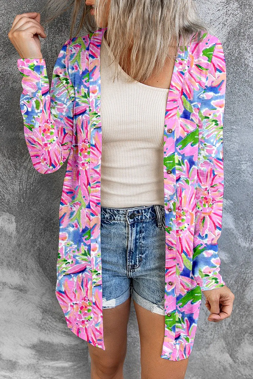 Flower Long Sleeve Button Up Cardigan