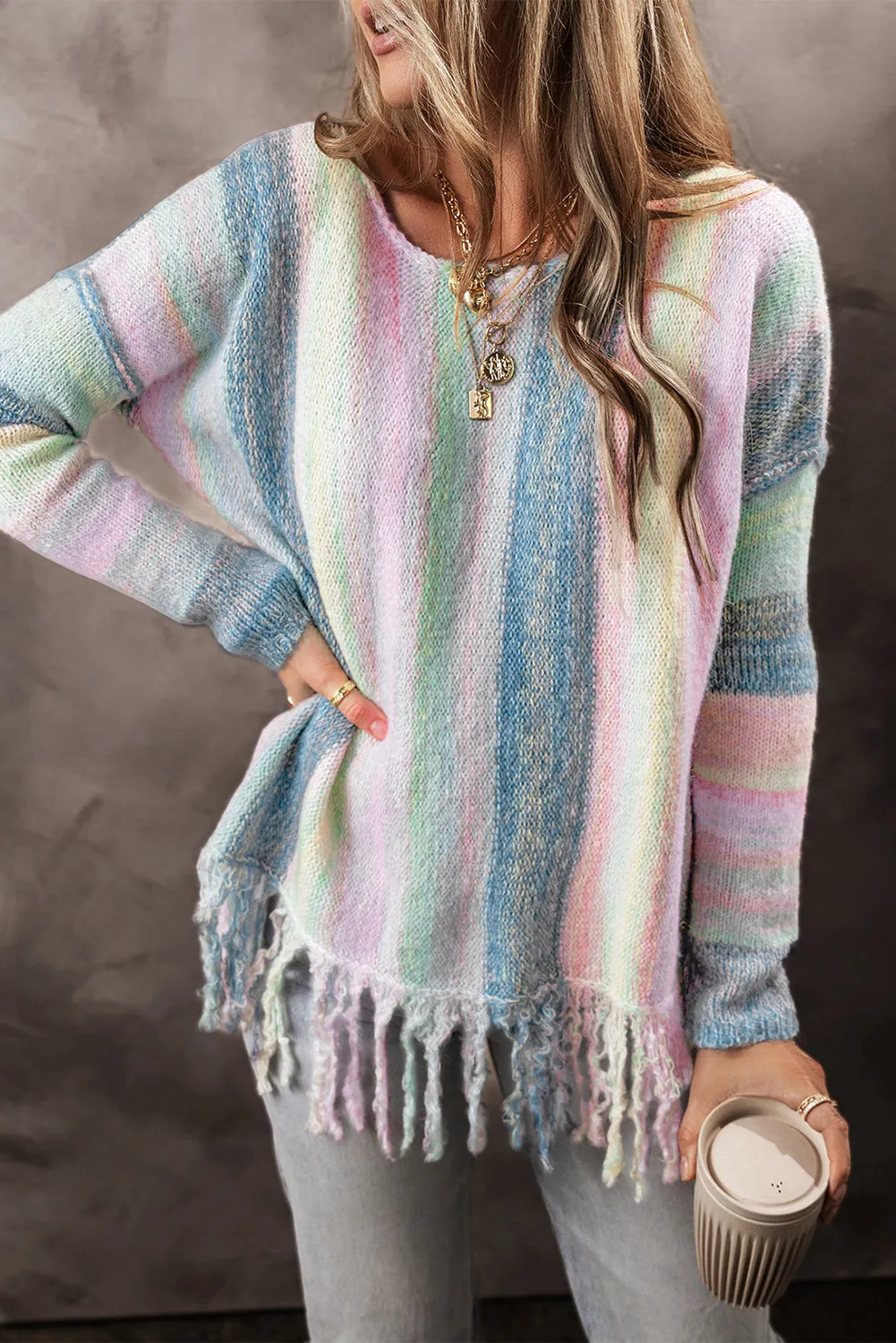 Fringed Drop Shoulder Tunic Sweater