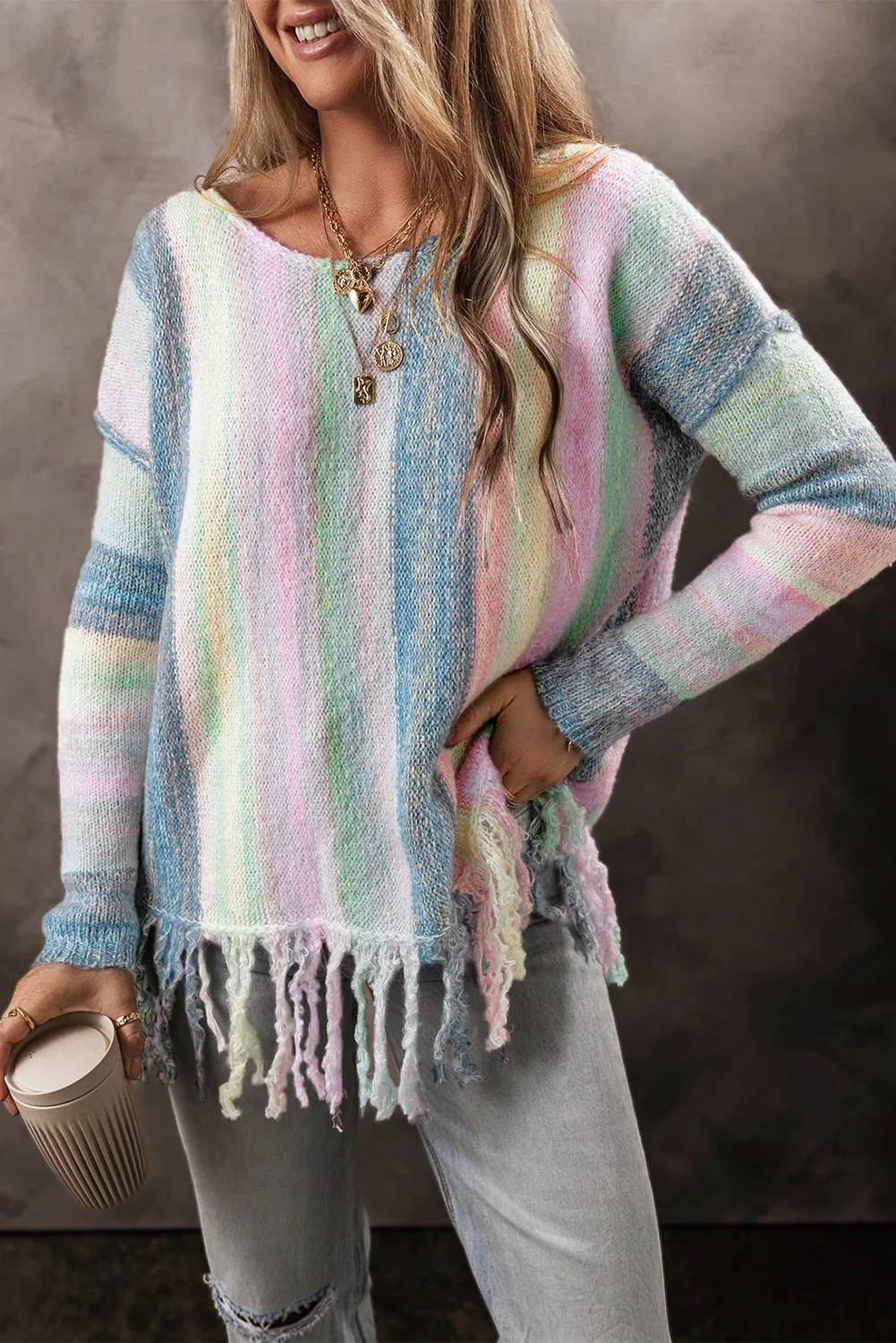 Fringed Drop Shoulder Tunic Sweater