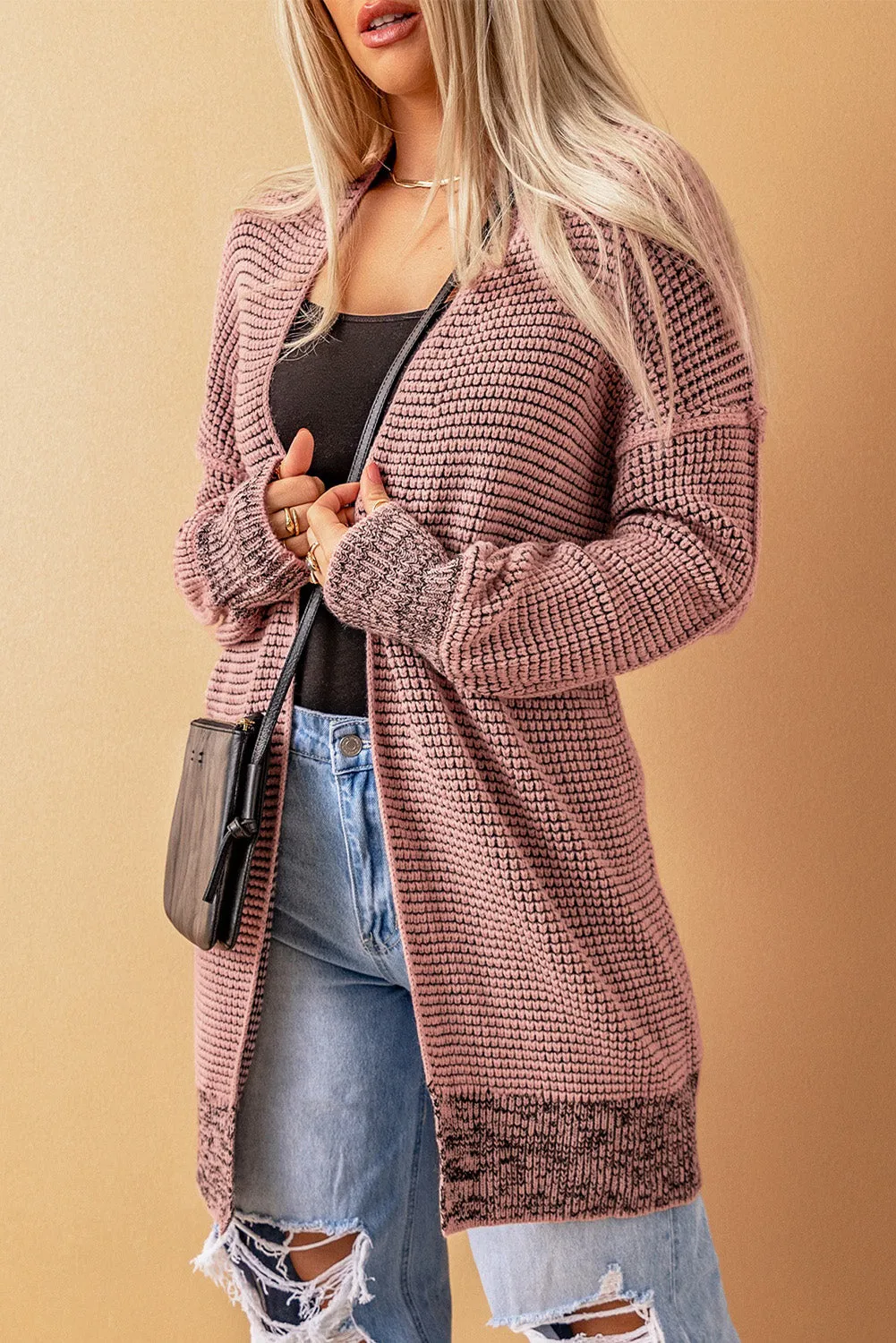 Gray Plaid Knitted Long Open Front Cardigan