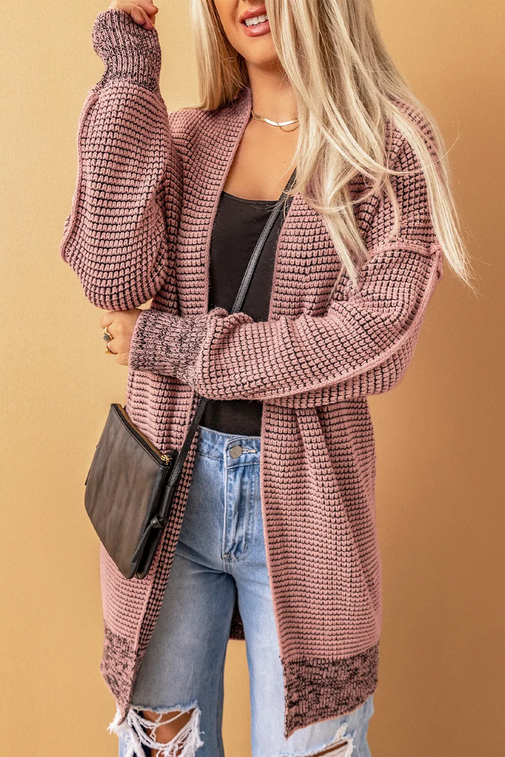 Gray Plaid Knitted Long Open Front Cardigan