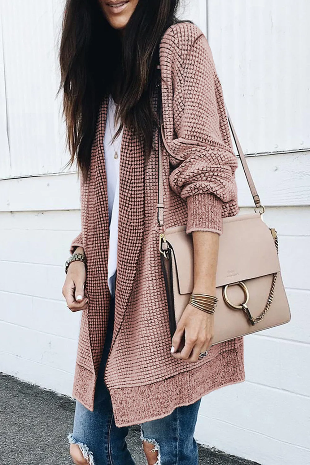 Gray Plaid Knitted Long Open Front Cardigan