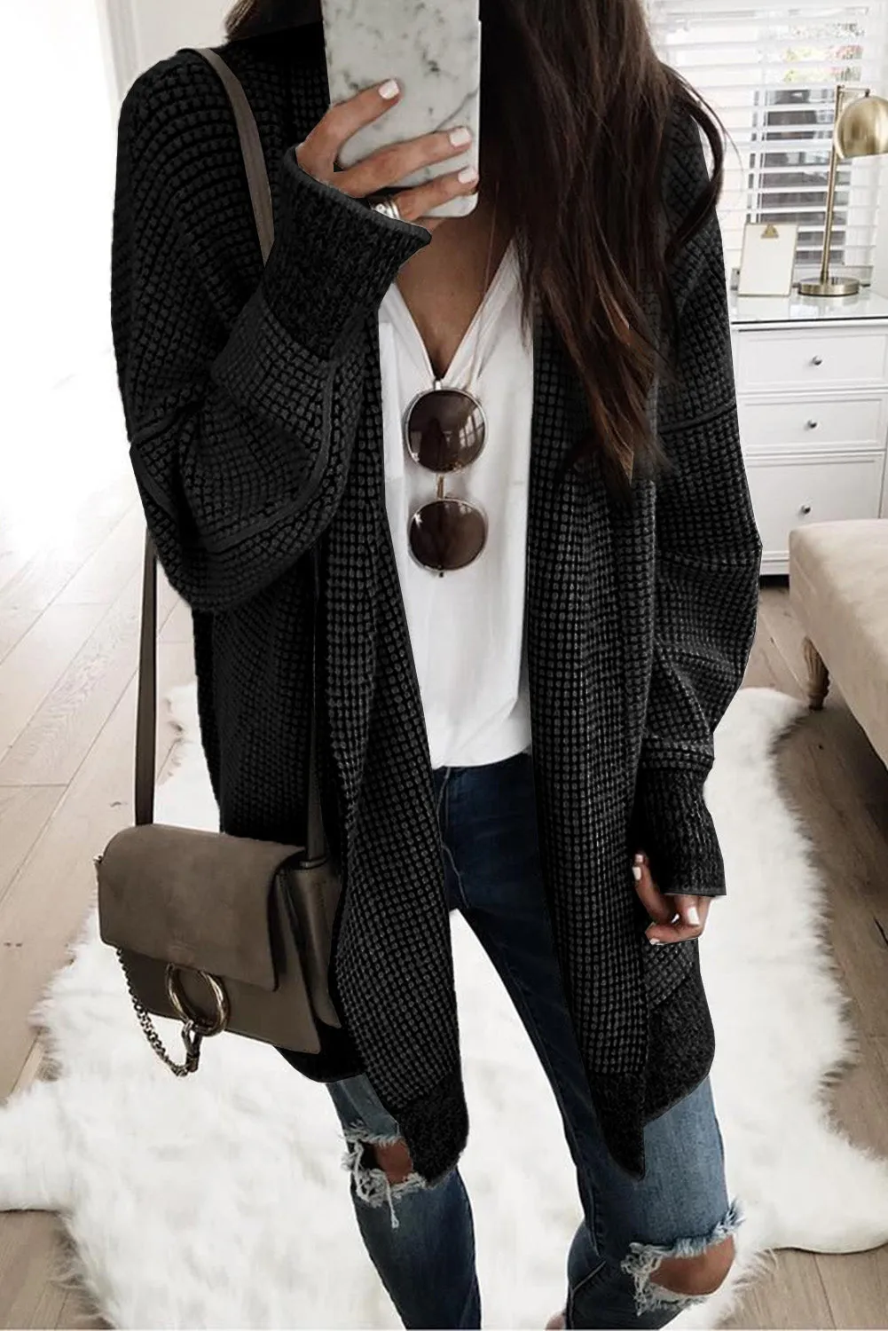 Gray Plaid Knitted Long Open Front Cardigan