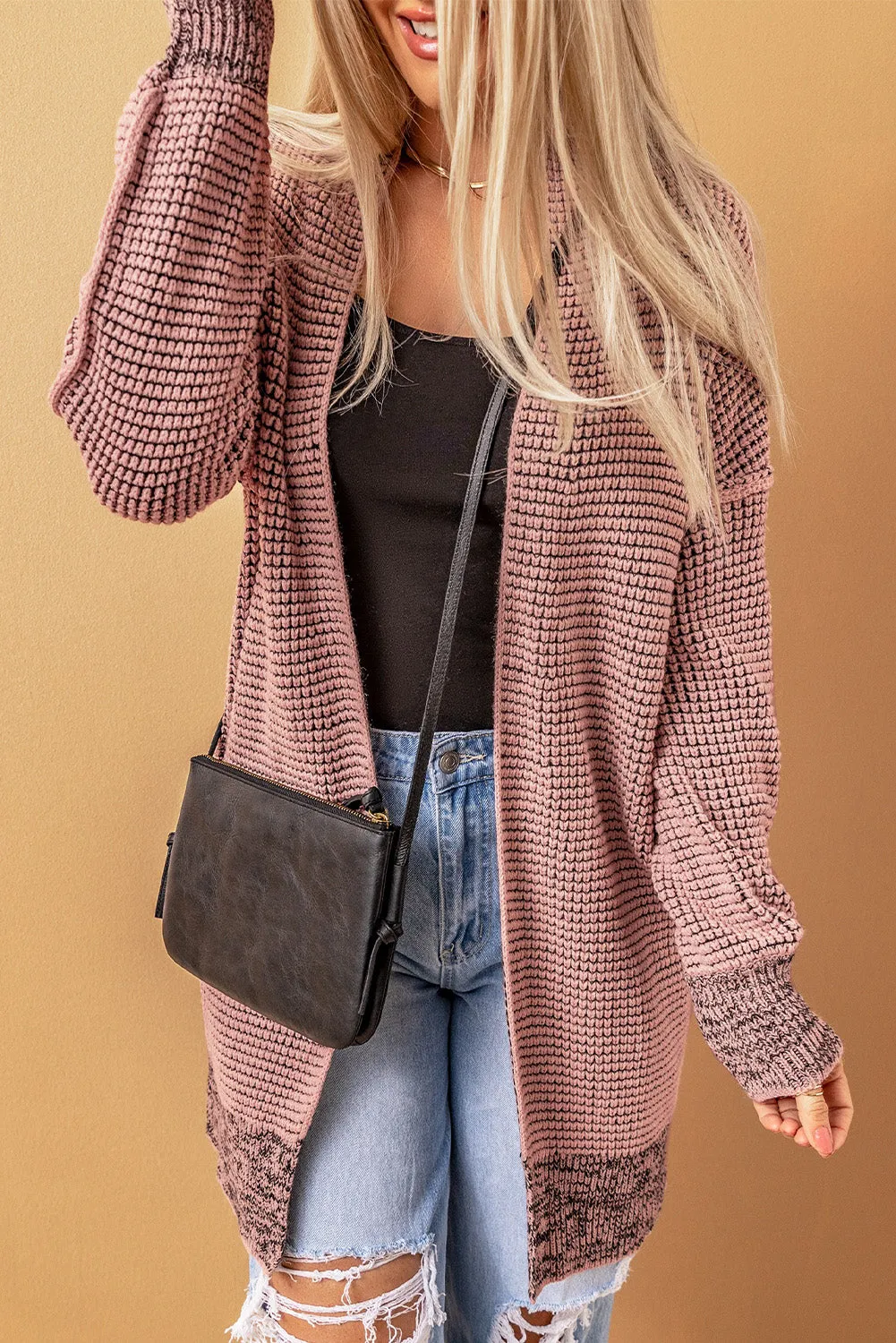 Gray Plaid Knitted Long Open Front Cardigan