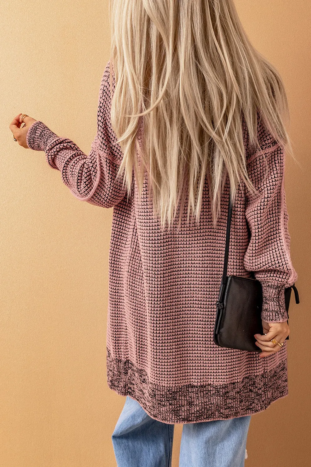 Gray Plaid Knitted Long Open Front Cardigan