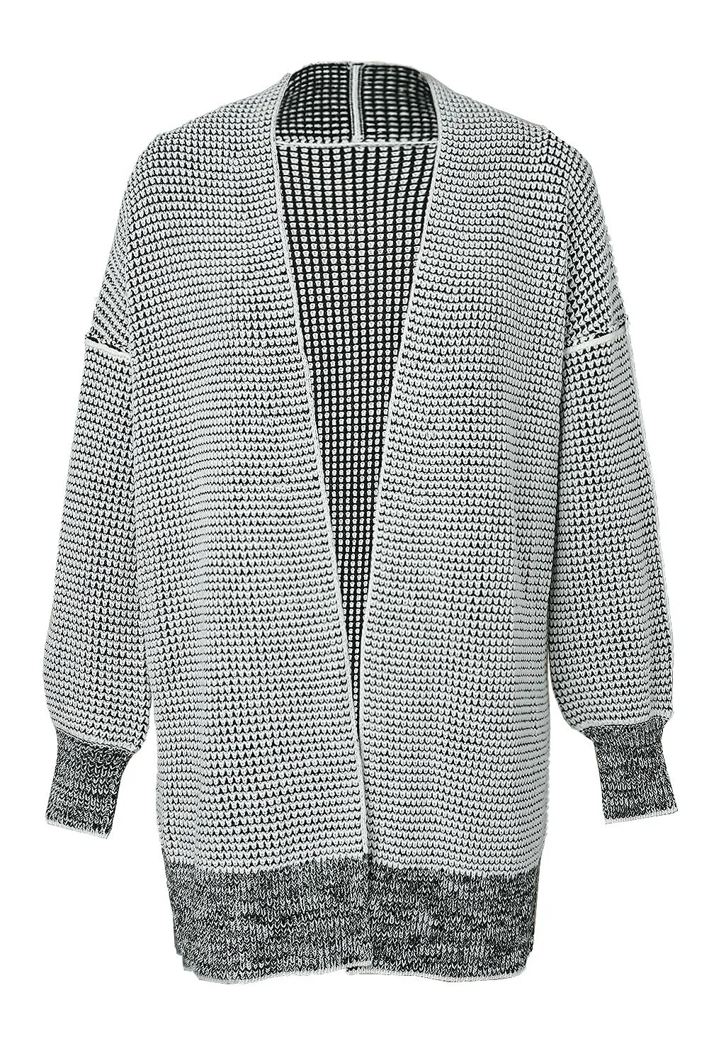 Gray Plaid Knitted Long Open Front Cardigan