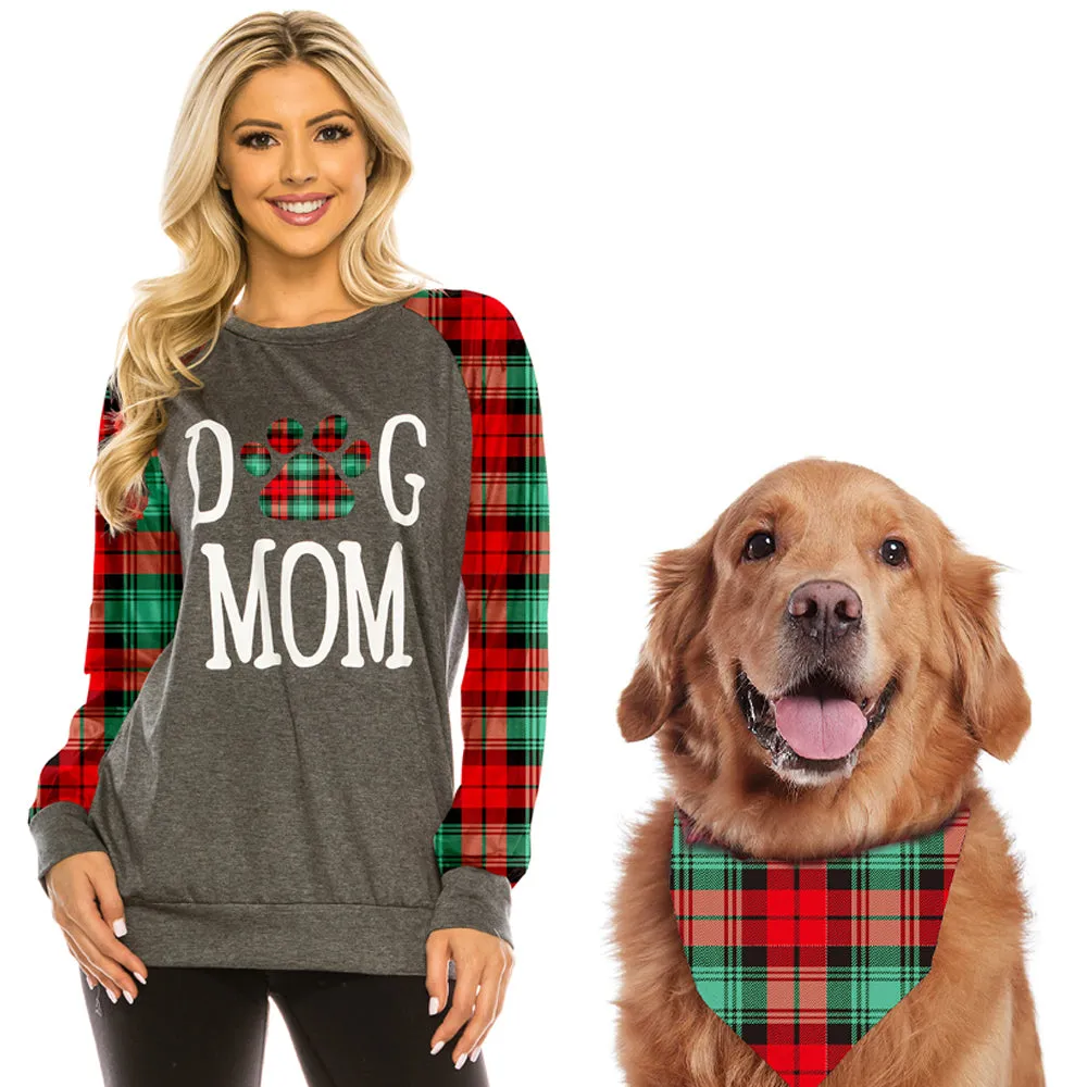 Haute Edition Women's Dog Mom Buffalo Plaid Sweatshirt with Dog Bandana 2-Piece Gift Set