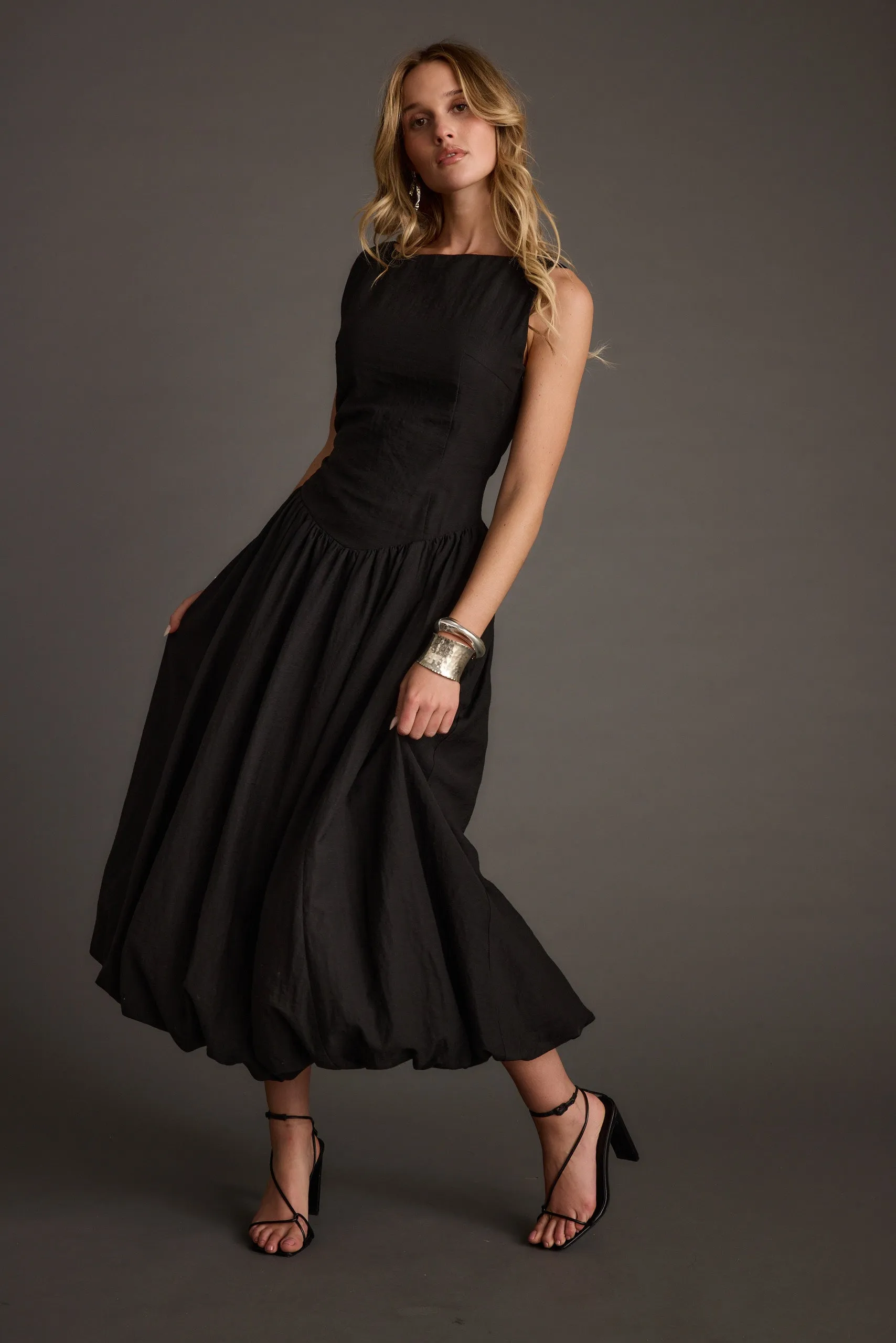 Kate Black Drop Waist Bubble Hem Midi Dress