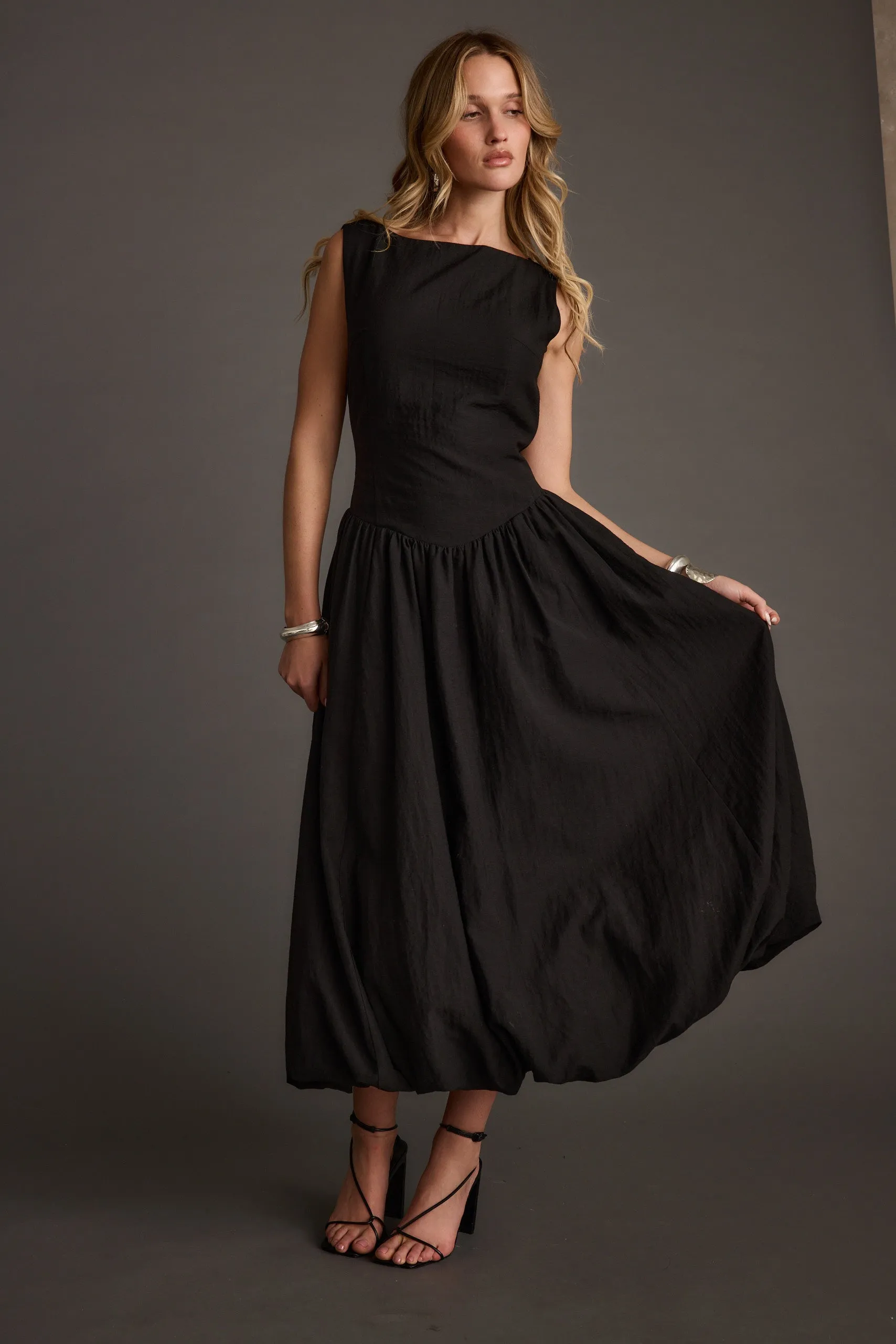 Kate Black Drop Waist Bubble Hem Midi Dress