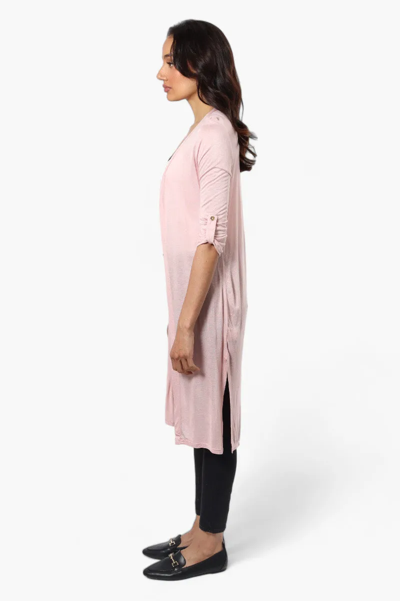 Magazine Roll Up Sleeve Open Duster Cardigan - Pink