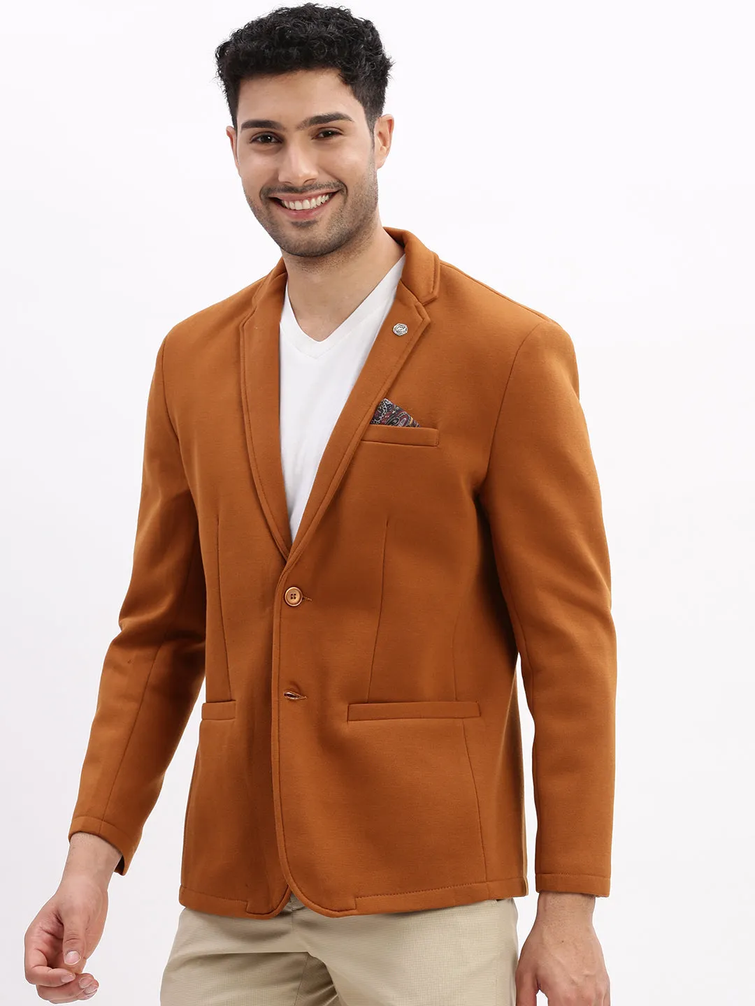 Men Solid Brown Single Breasted Blazer