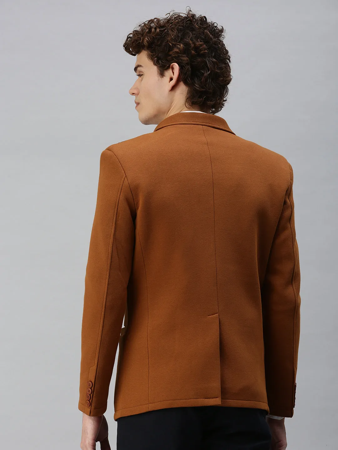 Men's Solid Brown Single Breasted Blazer