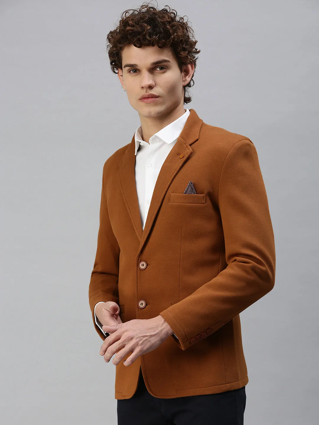 Men's Solid Brown Single Breasted Blazer