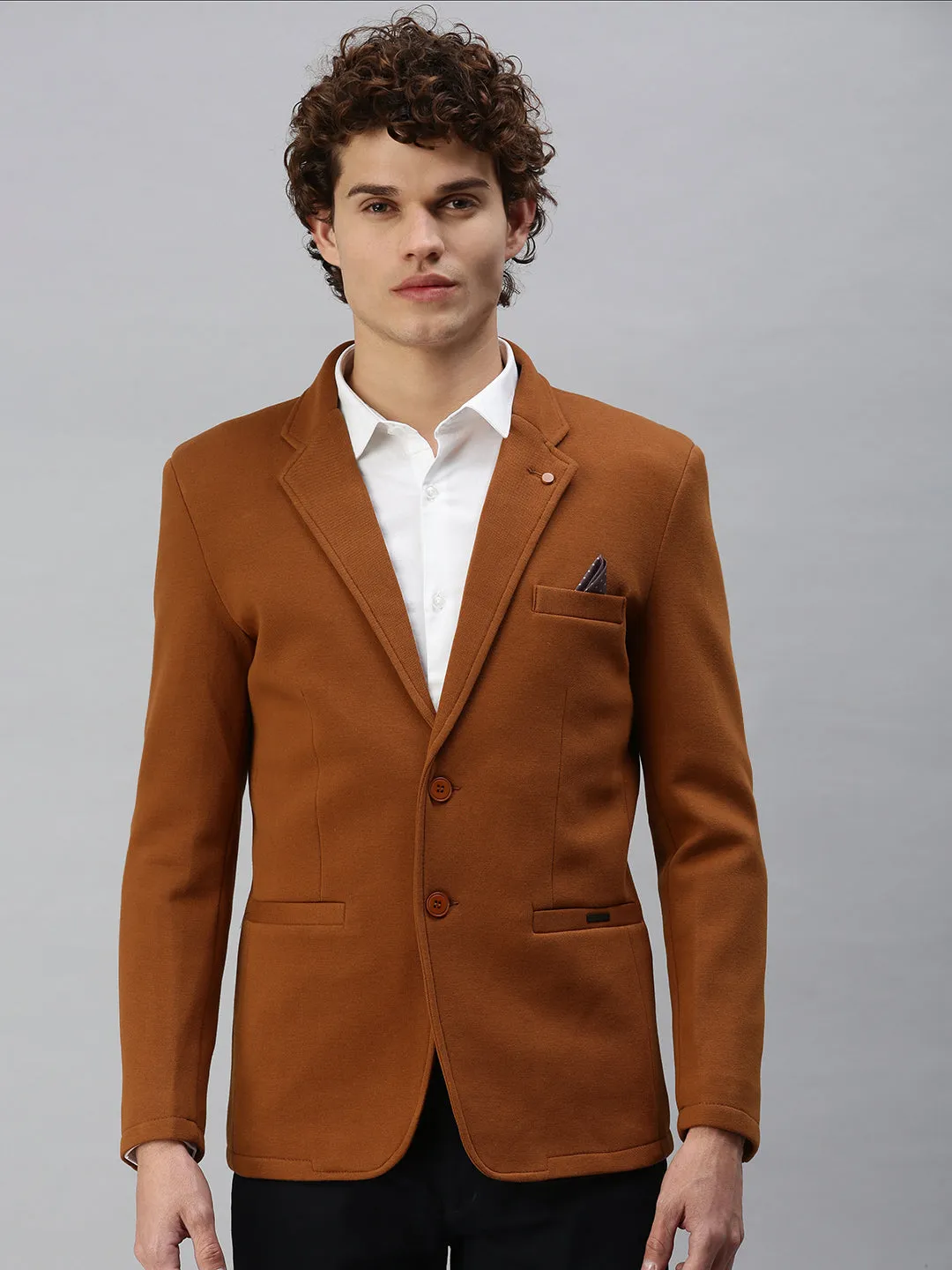 Men's Solid Brown Single Breasted Blazer