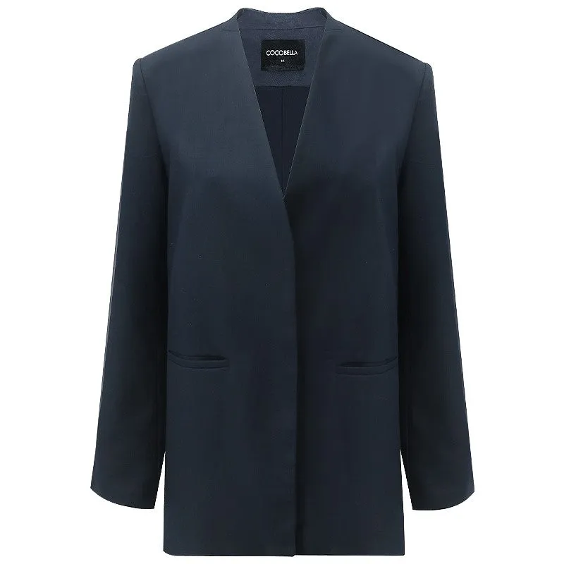 Minimalist Navy Collarless Tailored Blazer