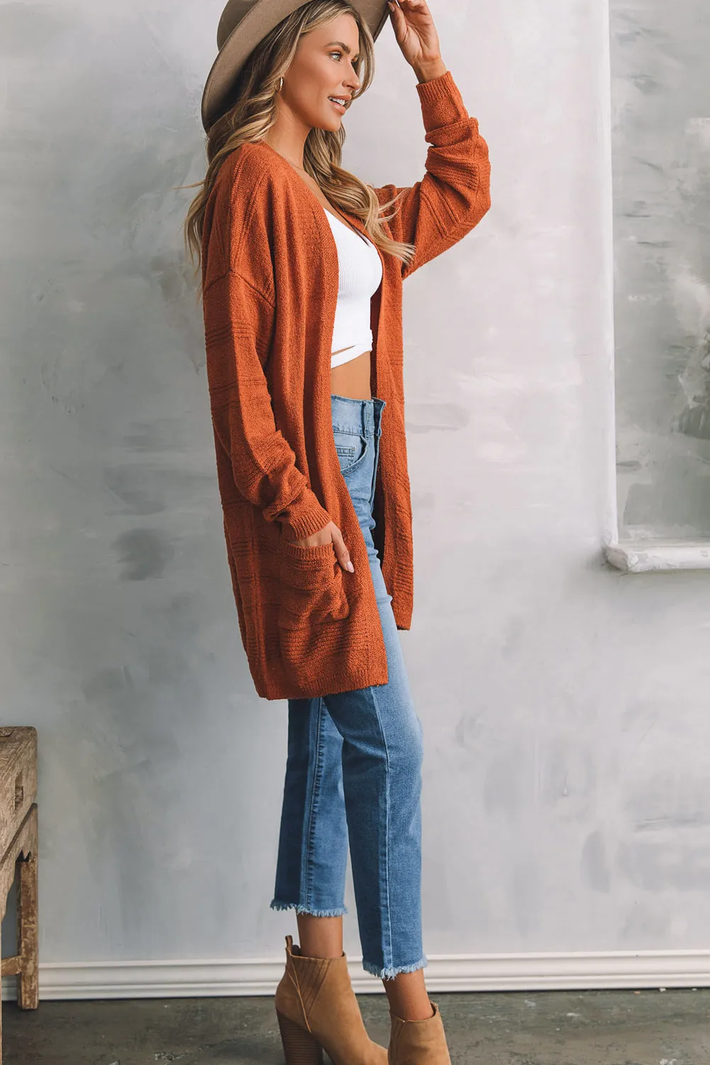 Open Front Textured Knit Cardigan with Pockets