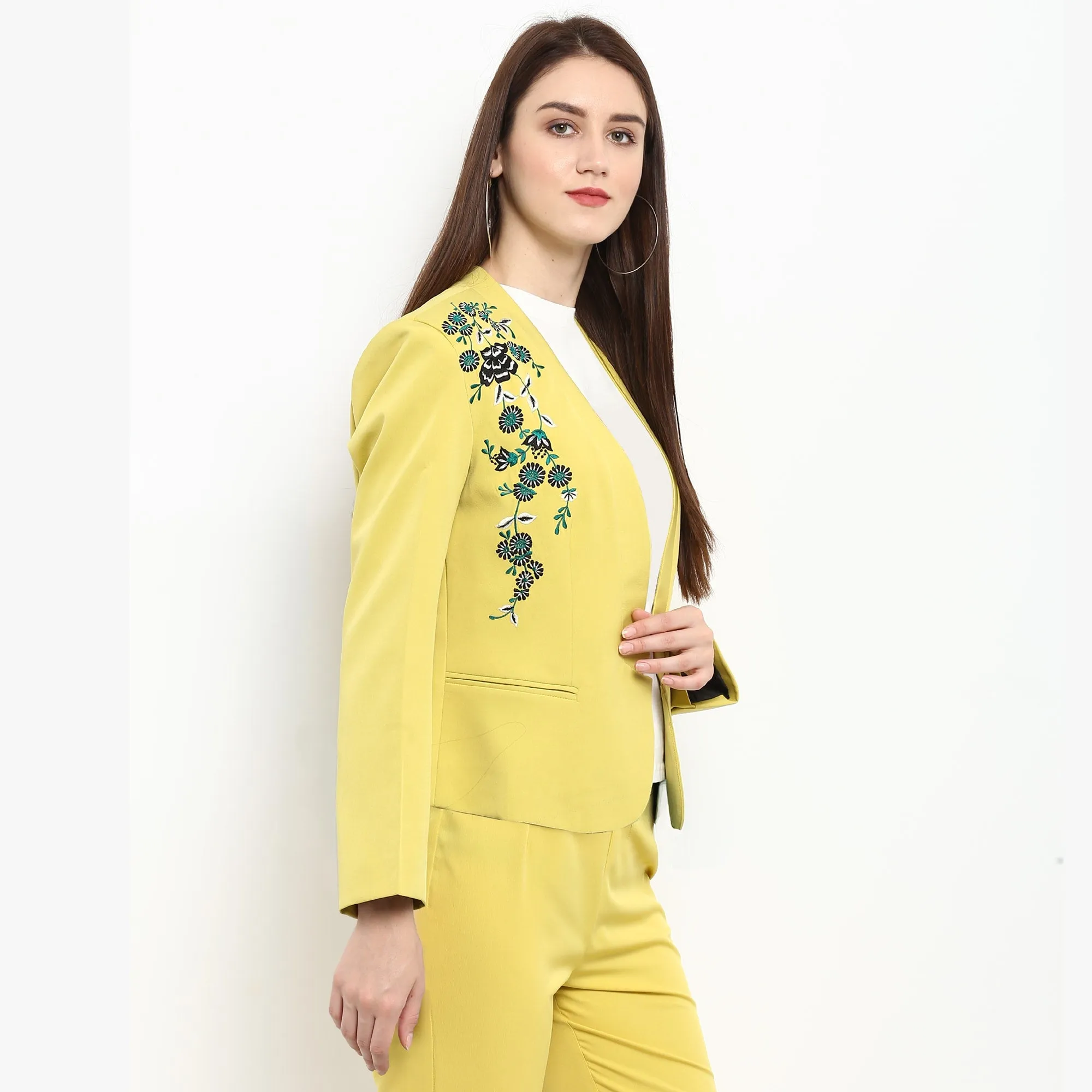 Pannkh Women's Pastel Yellow Embroidered Blazer