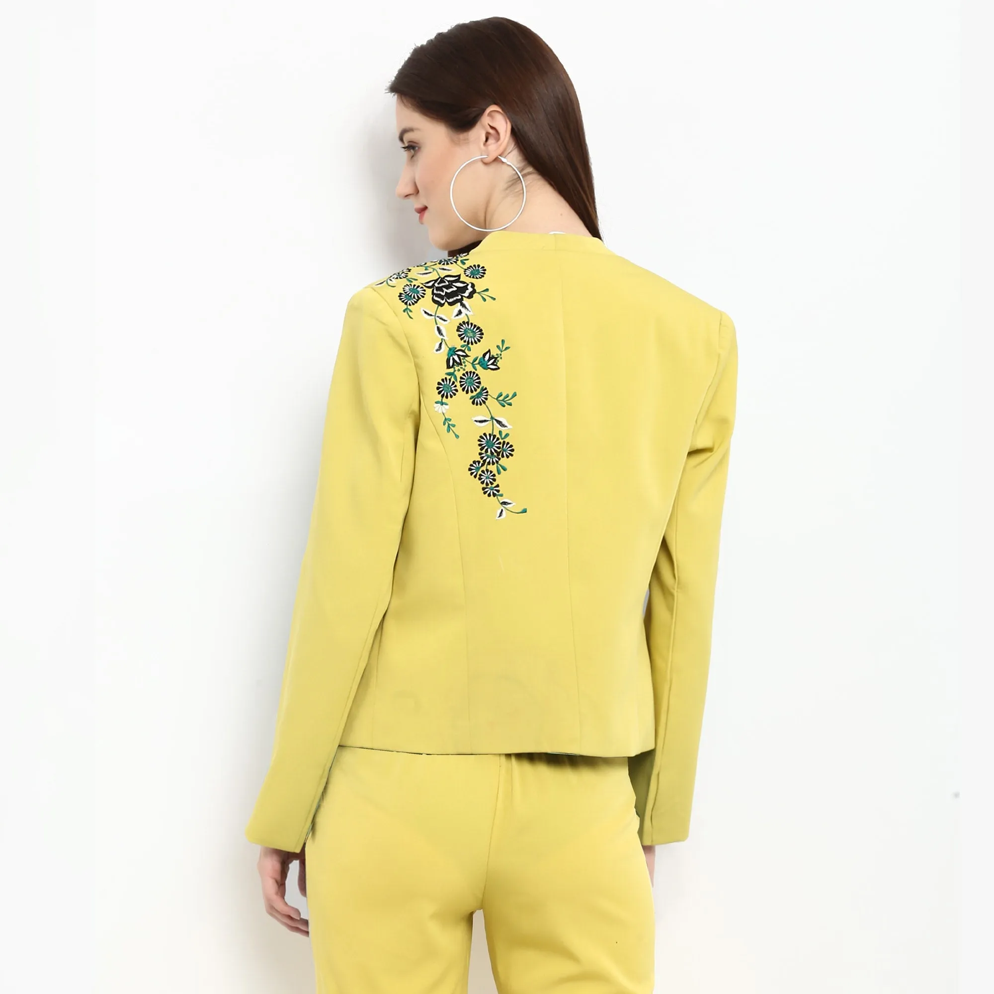 Pannkh Women's Pastel Yellow Embroidered Blazer