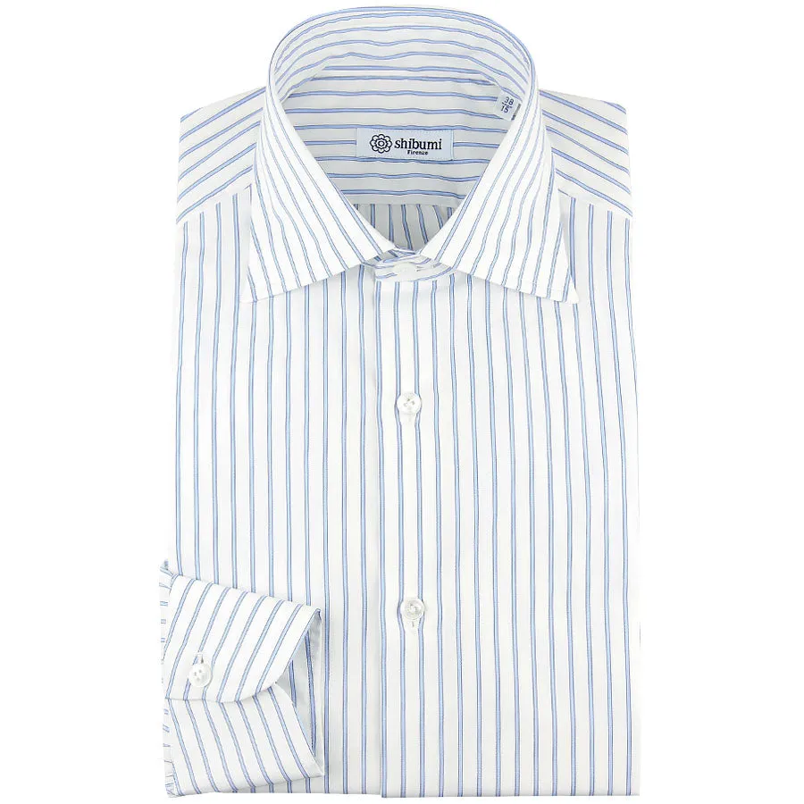 Poplin Semi Spread Shirt - White / Blue - Ticking Stripe - Regular Fit