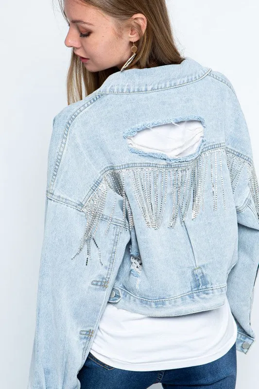 RHINESTONE FRINGE DISTRESSED DENIM JACKET