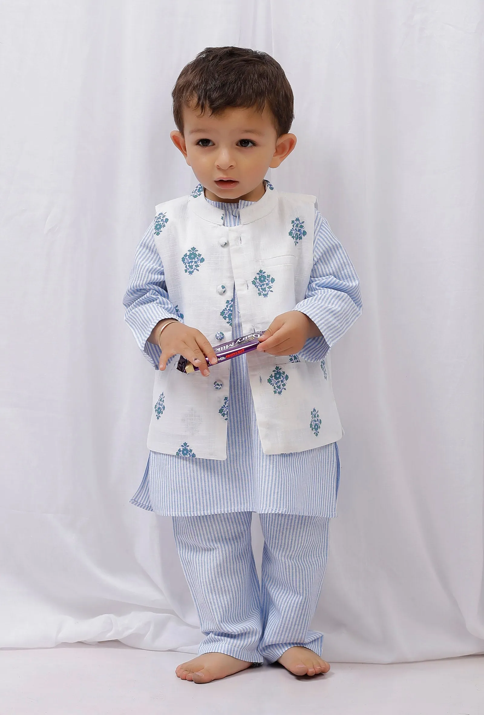 Set of 3: Blue striped Cotton Kurta and Pajama with White Nehru Jacket