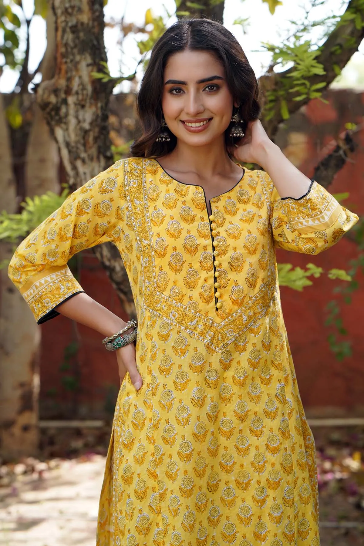 Straight Fit Kurta/Pant Set in Mango Yellow Color