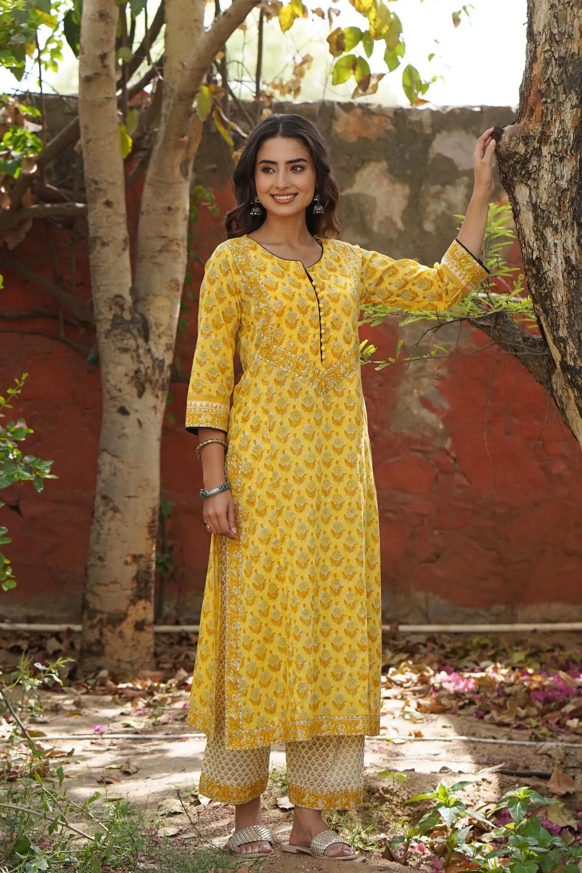 Straight Fit Kurta/Pant Set in Mango Yellow Color