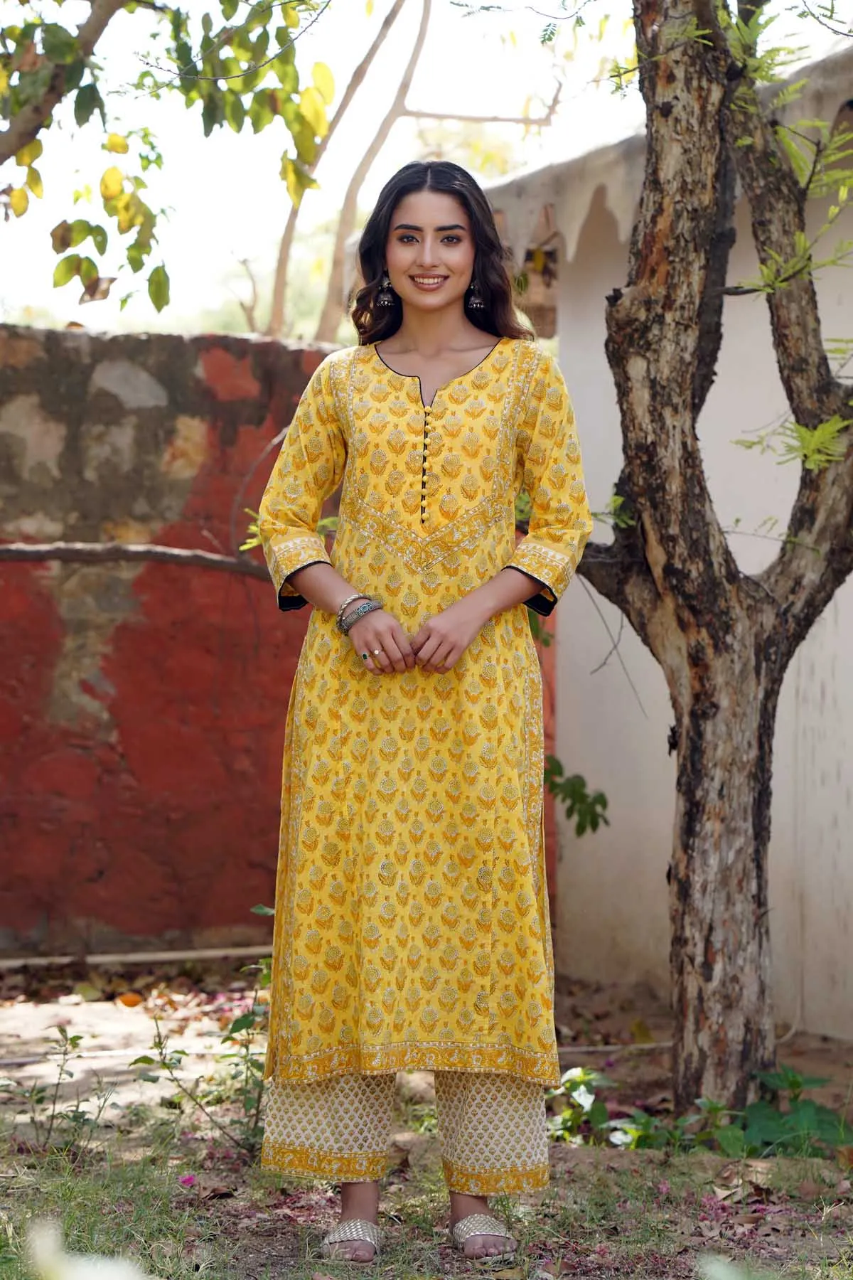 Straight Fit Kurta/Pant Set in Mango Yellow Color