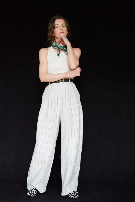 Stripe Pleated Wide Irish Linen Trousers