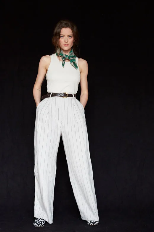 Stripe Pleated Wide Irish Linen Trousers