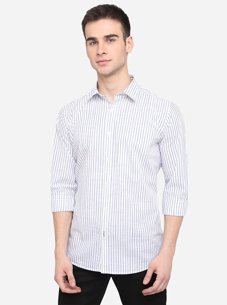 White & Blue Striped Slim Fit Semi Casual Shirt | Greenfibre