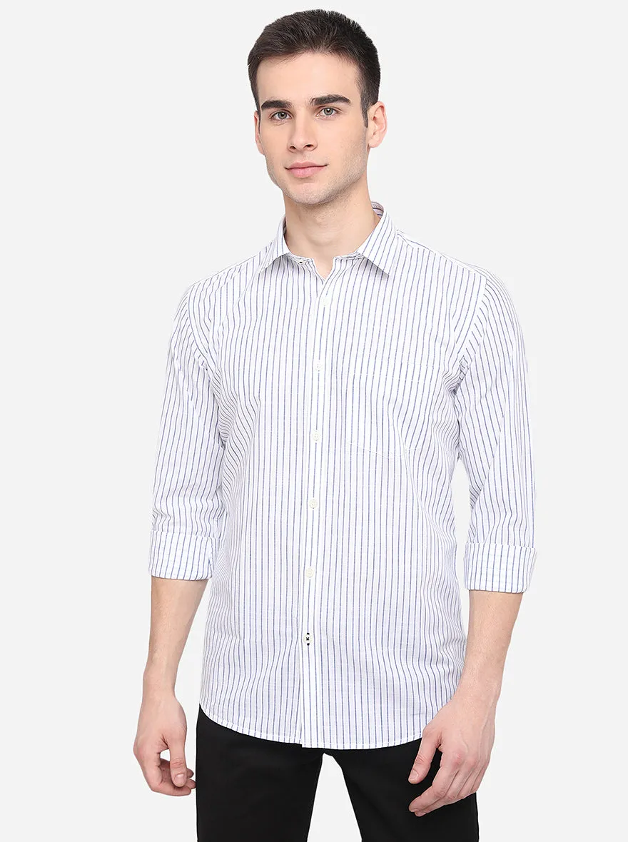 White & Blue Striped Slim Fit Semi Casual Shirt | Greenfibre